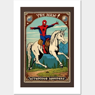 Yee Haw Spider Cowboy Riding Unicorn Wyoming Mountain Pride Camping Dad Posters and Art